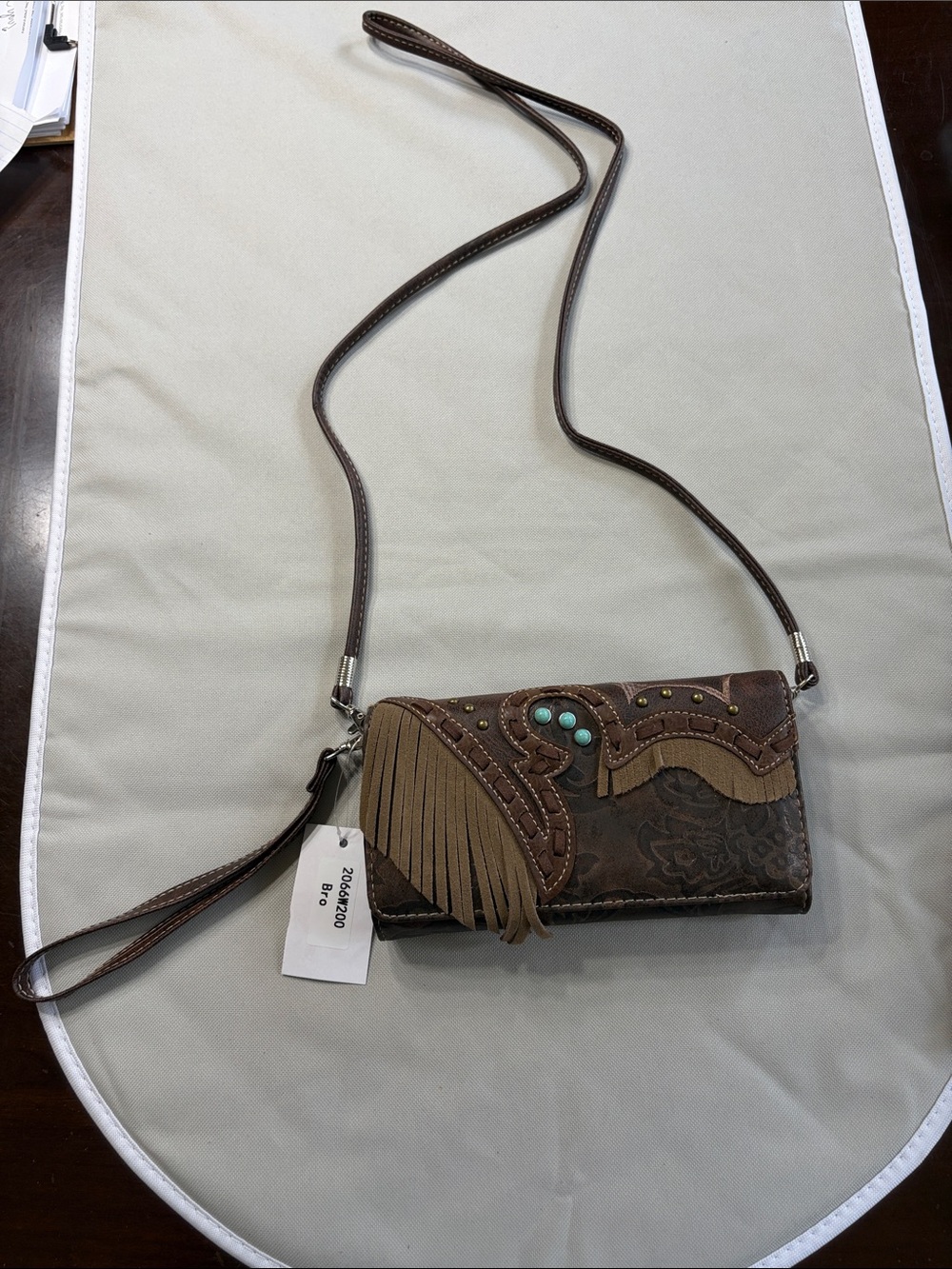 NWT Brown Fringe Crossbody Bag with Embossed Detail